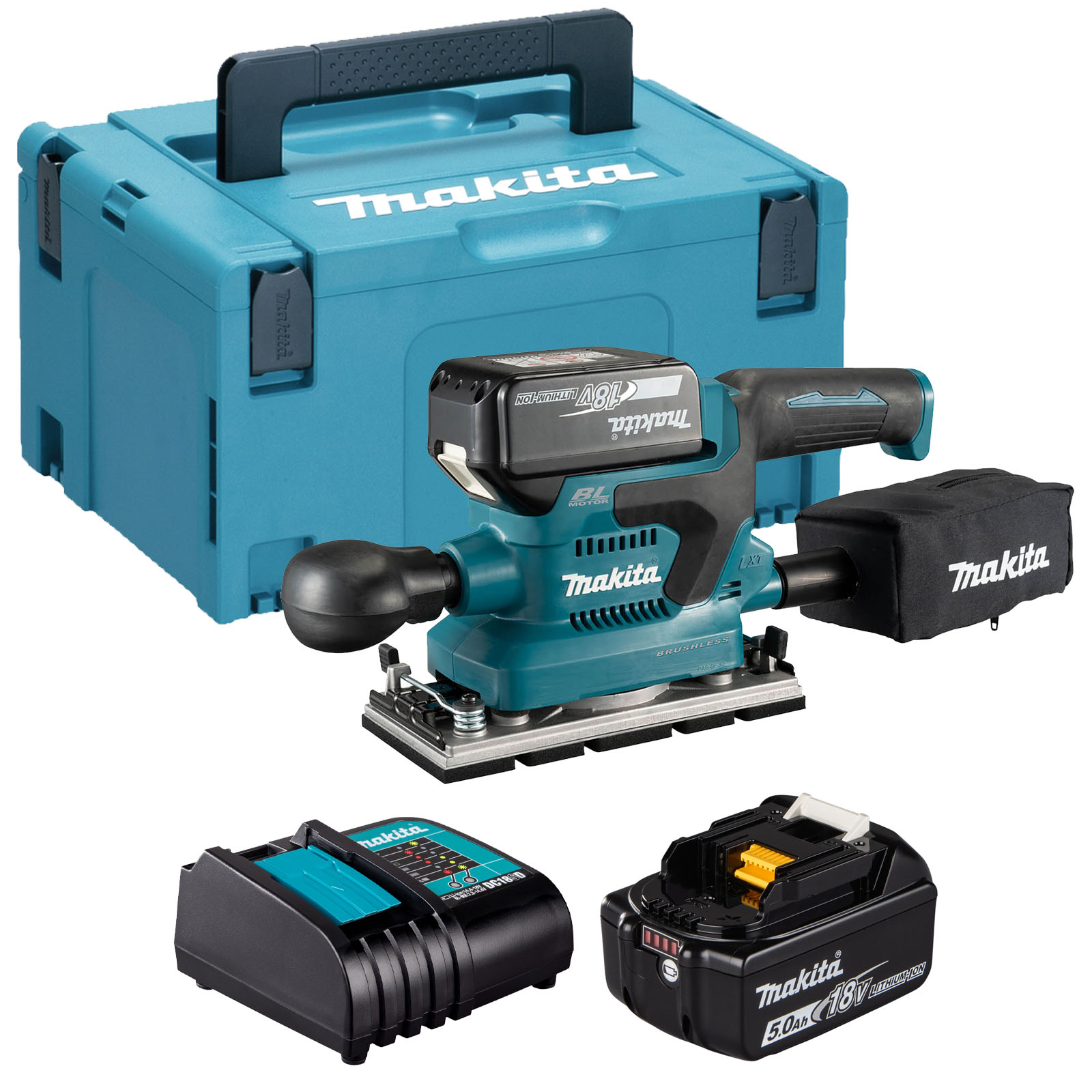 Makita DBO382 18v LXT Cordless Brushless Finishing Sander 2 x 5ah Li-ion Battery Charger Case